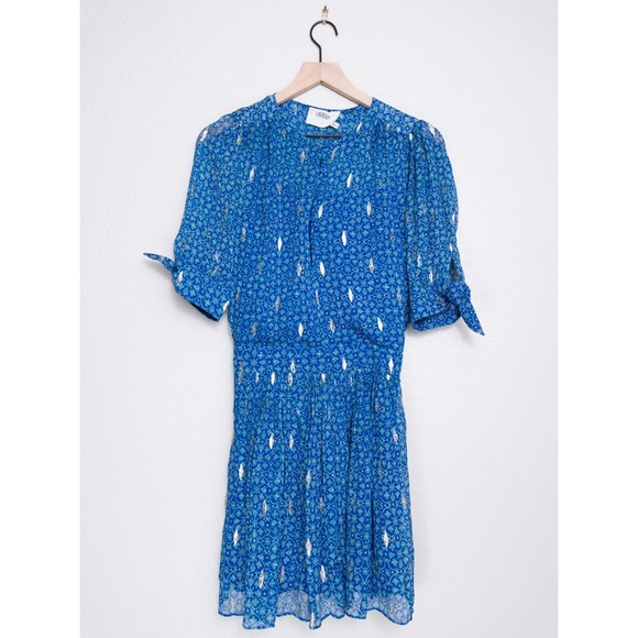 ba&sh Madrid Silk Metallic Print Blouson Mini Dress S Bohemian Lightweight Pleat - Picture 6 of 11